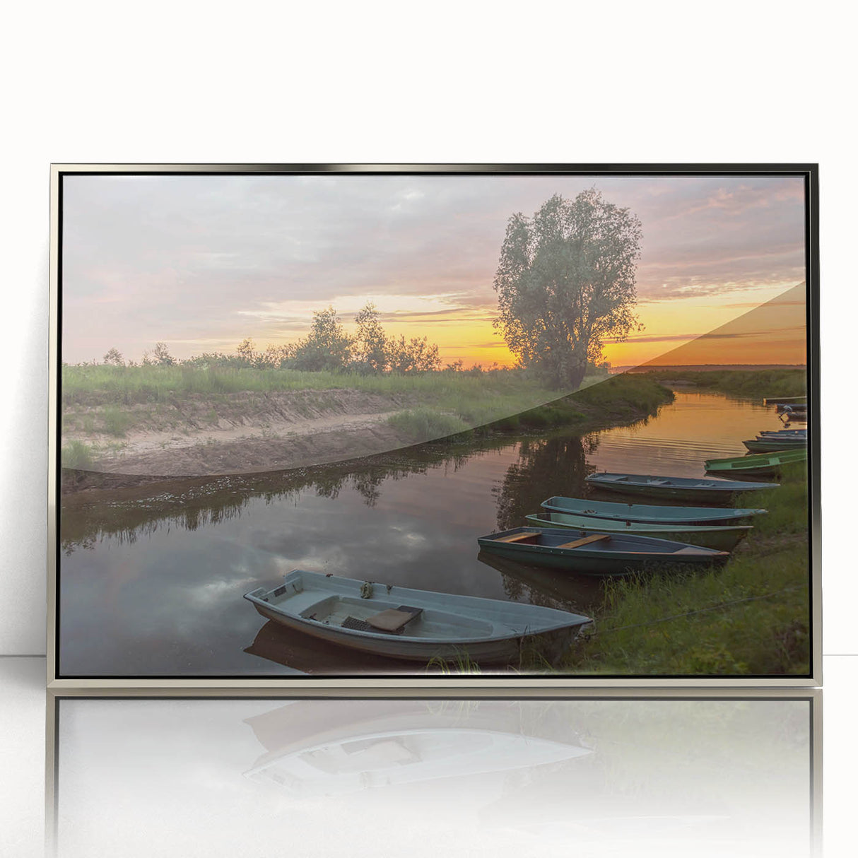 Large art print of a European scenery in Latvia, in muted earth tones on a silver-framed acrylic.