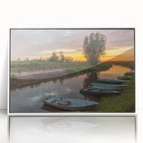 Mid-century modernist art depicting a serene Latvia landscape in muted earth tones on a white-framed acrylic print.