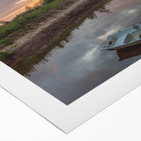 Art deco poster of a European scenery in Latvia, featuring muted blue and green tones on a rolled canvas.