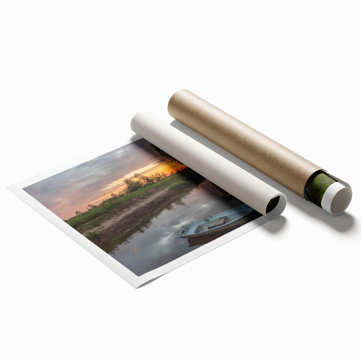 Extra large rolled print featuring a serene Latvian landscape with soft floral elements in muted earth tones.