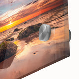 Large abstract acrylic print featuring a Lithuanian landscape in muted green and blue tones, ideal for dining room art.