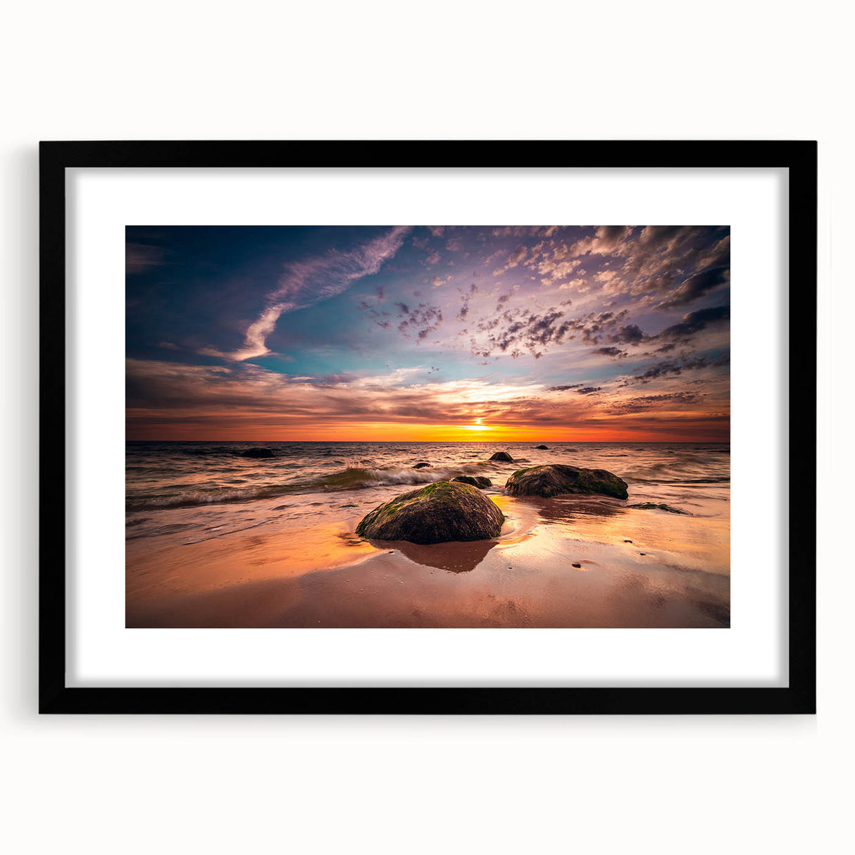 Extra large abstract art print of a colorful, textured European scenery on a black framed canvas.