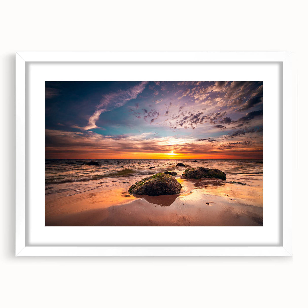 Textured abstract art print depicting a serene Lithuanian landscape in soft blues and greens, framed with a white mat.
