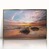 Art deco poster of a European Lithuanian scenery in muted earth tones, framed in gold acrylic.