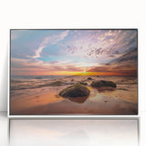 Mid-century modernist art depicting a European Lithuanian landscape in muted earth tones, acrylic print framed in white.