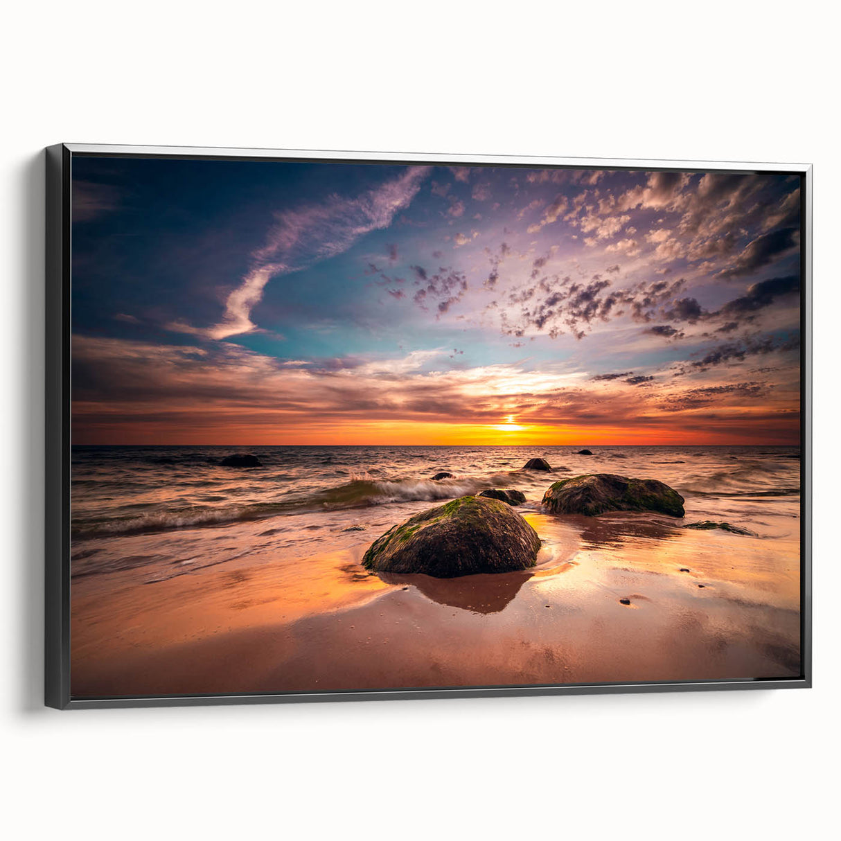 Black and white framed canvas of a vintage Lithuanian landscape, ideal for bedroom wall art.