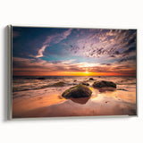 Framed canvas of a vintage-style landscape painting depicting a Lithuanian scenery in muted earth tones.