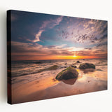 Side view of a stretched canvas featuring a European Lithuanian landscape in muted earth tones, ideal for kitchen wall art.