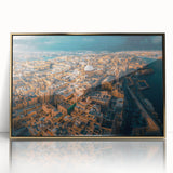 Art deco poster of a Malta landscape in muted gold and blue tones on framed acrylic, suitable for modern nursery decor.