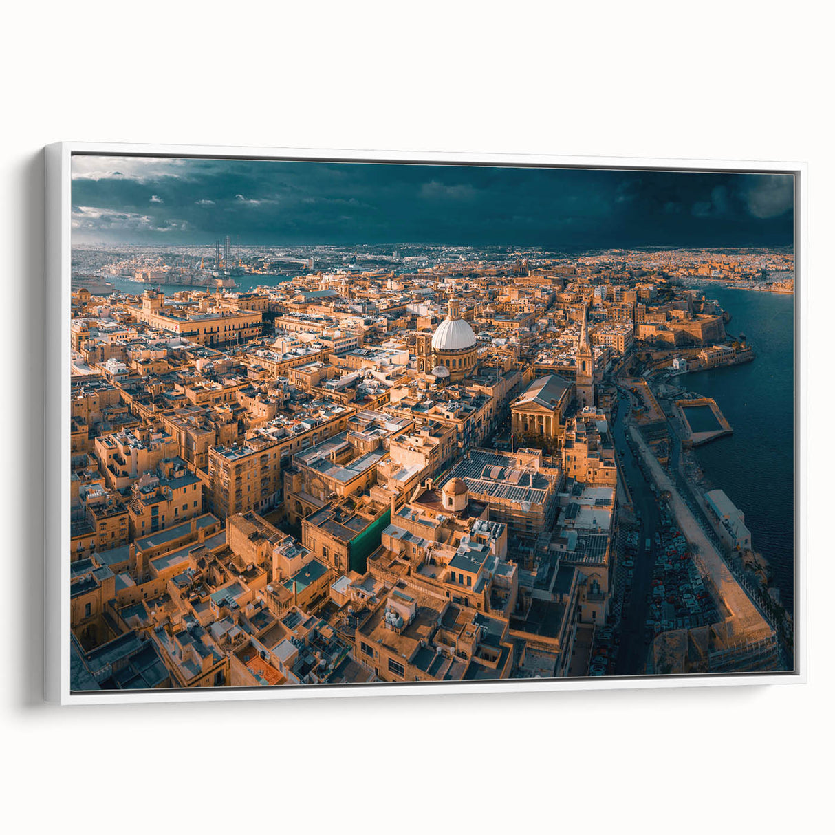 Vintage poster art of a Malta scenery on a framed canvas, featuring vibrant colors, ideal for living room decor.