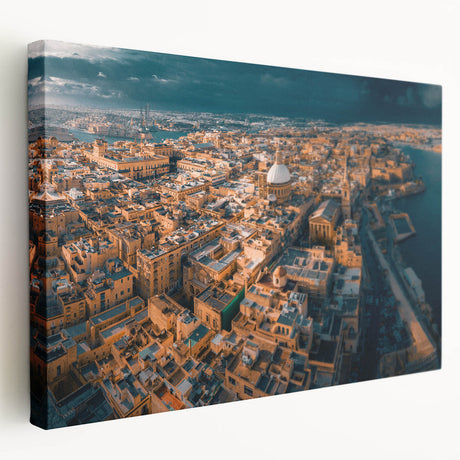 Large stretched canvas featuring a scenic view of Malta with vibrant blue and teal colors, ideal for kitchen wall art.