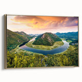 Framed canvas depicting a vintage-style Montenegro landscape in black and gold tones, ideal for bedroom wall art.