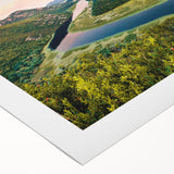 Art deco poster of Montenegro scenery in muted earth tones on rolled canvas, suitable for dining room wall art.
