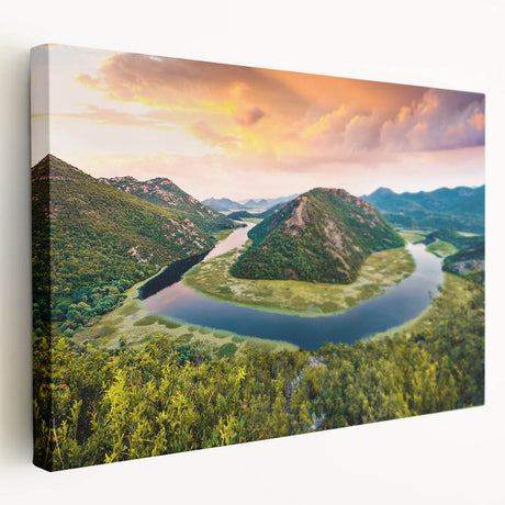 Large art print of a European Montenegro scenery on stretched canvas, featuring vivid blue and green tones.