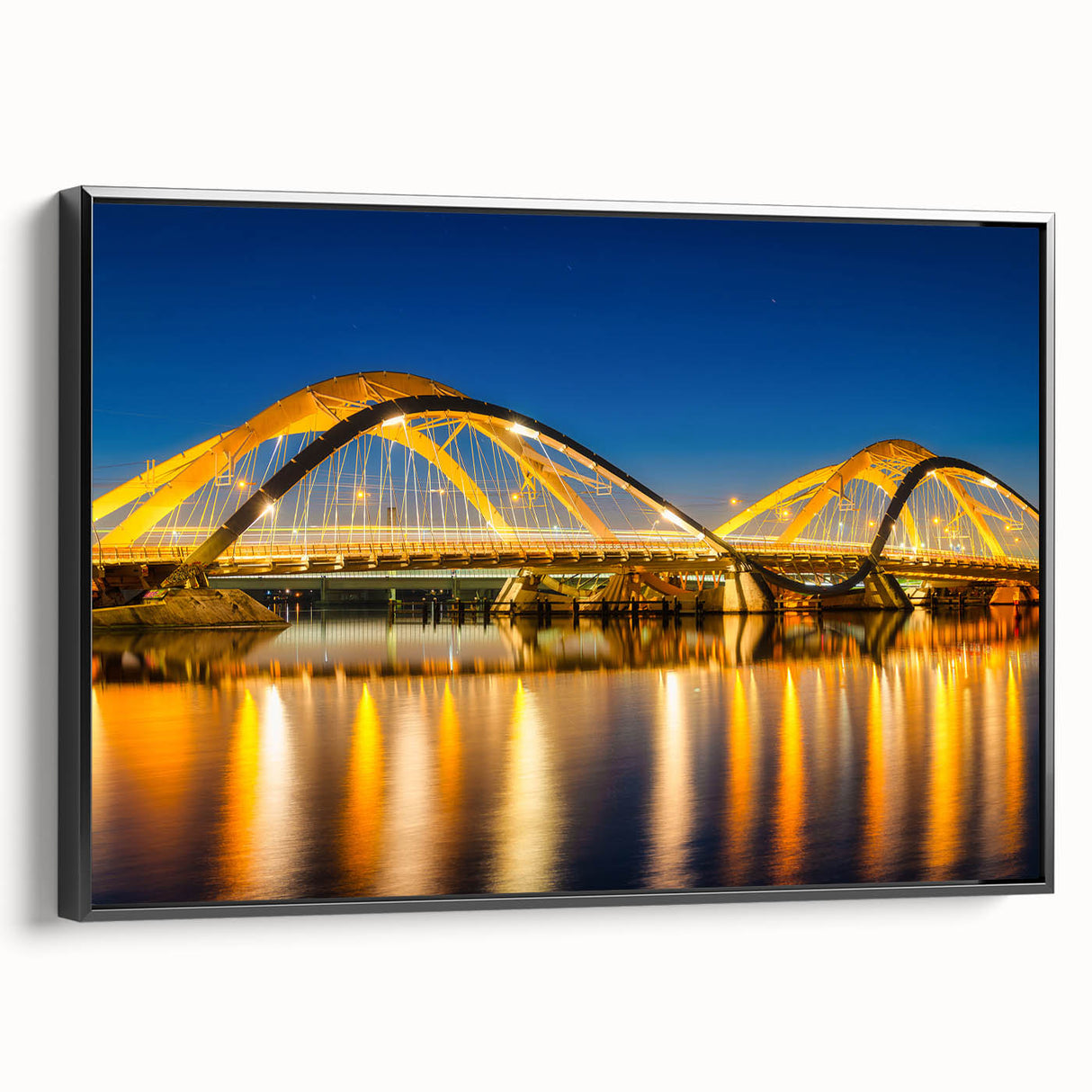 Black and white framed canvas of Amsterdam landscape with vintage poster art style, ideal for bedroom decor.