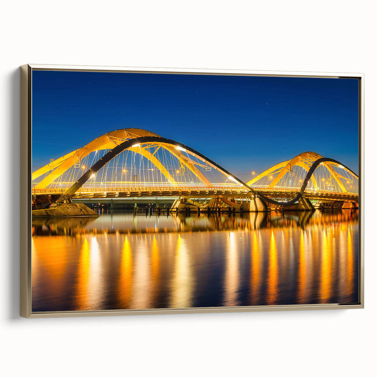 Framed canvas of Amsterdam landscape with vintage-style black and gold tones, ideal for bedroom wall art.