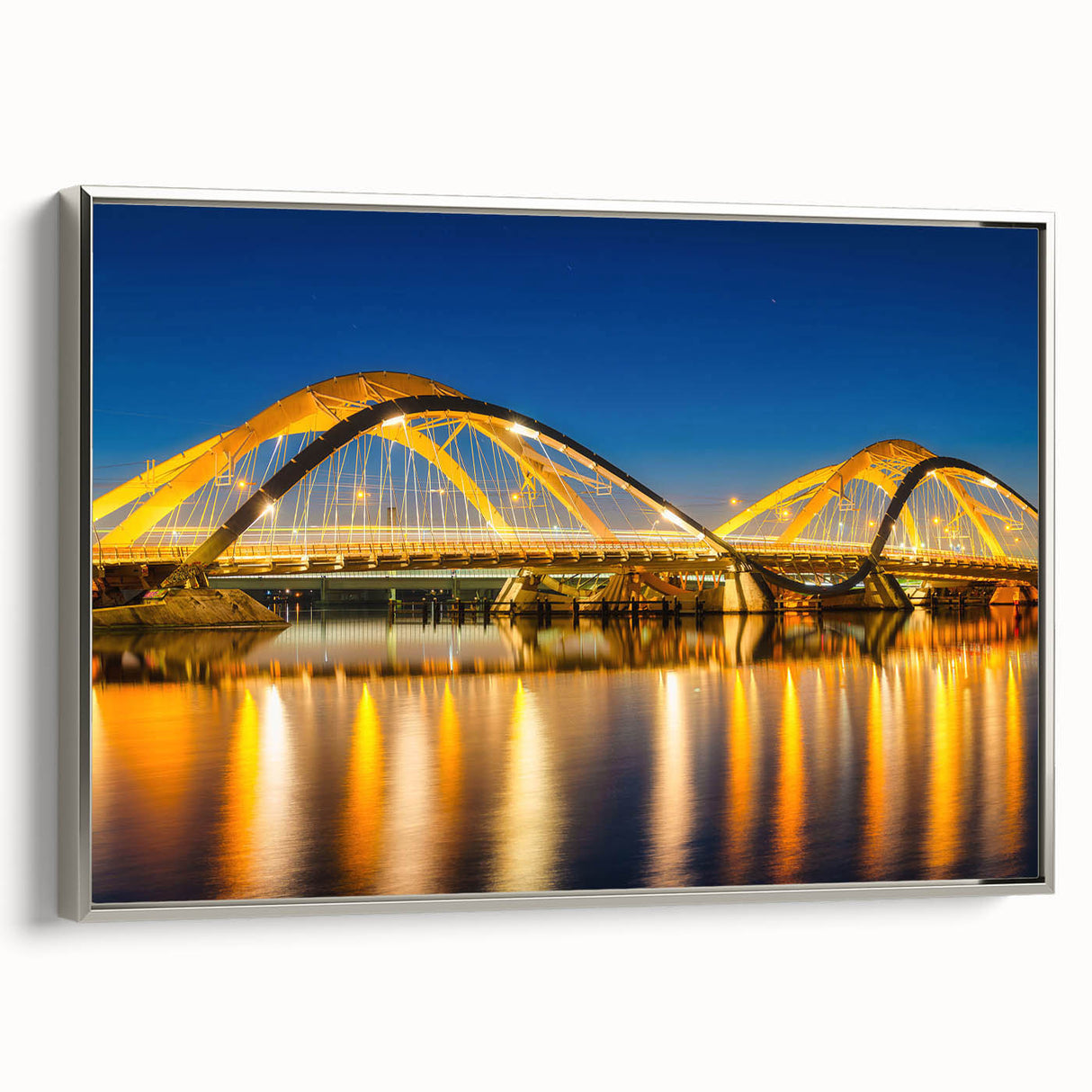 Landscape art painting of Amsterdam canals in muted colors on a framed canvas, ideal for living room decor.