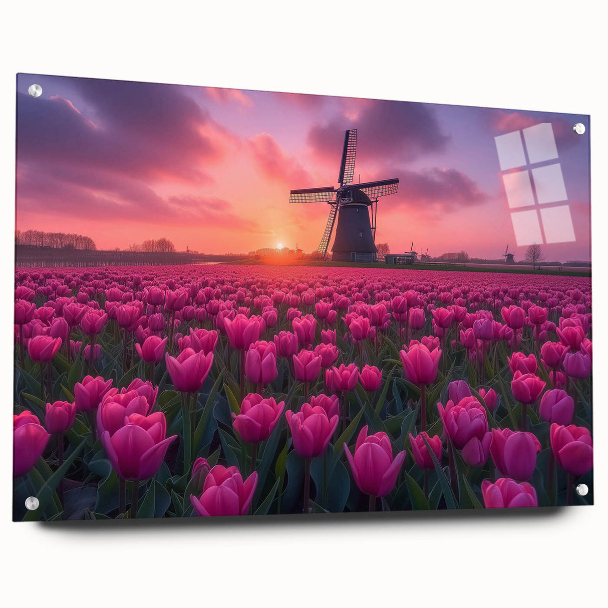 Acrylic print of a European scenery, featuring muted blue and green tones, ideal for dining room decor.