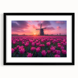 Colorful abstract art print of a European scenery in vibrant hues, framed in black with a mat, ideal for living room decor.