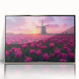 Large art print of a European Netherlands landscape in muted green and blue tones, framed in silver acrylic.