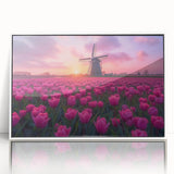 Mid-century modernist art depicting a scenic European landscape in muted colors on a framed acrylic.