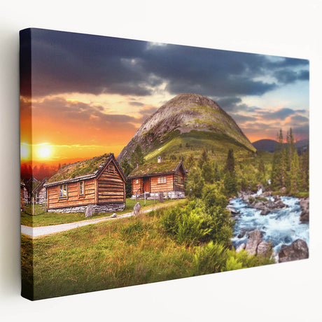 Side view of a stretched canvas featuring a serene Norwegian landscape in muted green and blue tones.