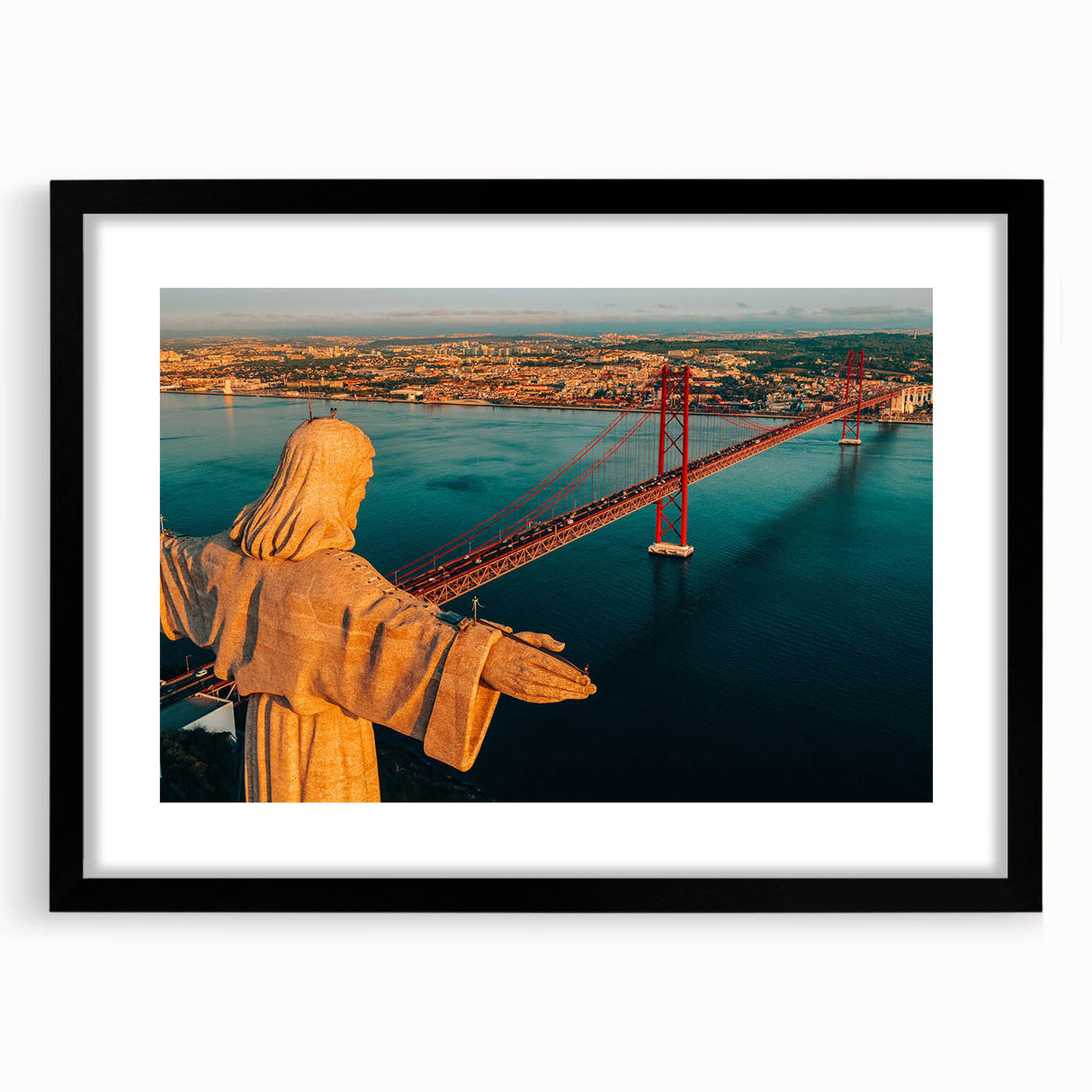 Abstract art print of Lisbon with colorful, textured strokes on a large canvas, ideal for living room decor.