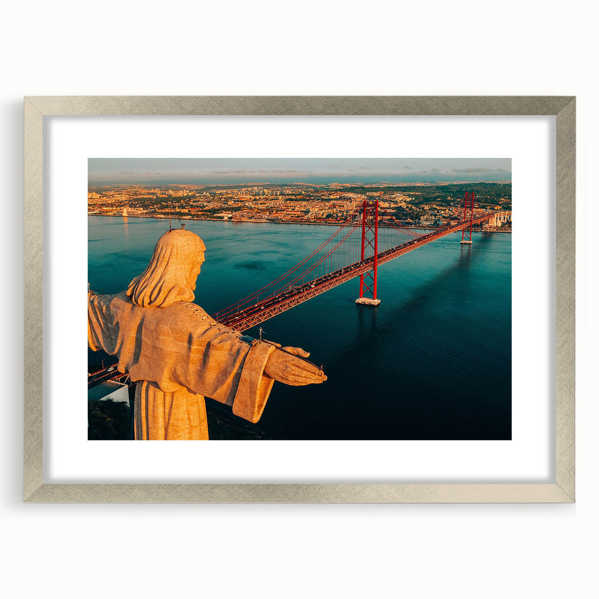 Extra large abstract art print of Lisbon scenery in muted earth tones, framed in silver, ideal for living room decor.