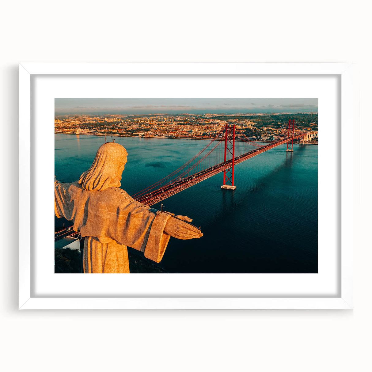 Textured art depicting abstract Lisbon scenery in muted earth tones on a framed white mat, suitable for bedroom decor.