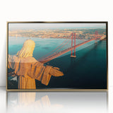 Art deco poster of Lisbon skyline in gold and blue tones on acrylic, framed, ideal for modern art wall decor.