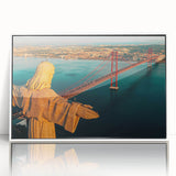 Mid-century modernist art of Lisbon scenery in acrylic, framed in white, ideal for nursery wall decor.