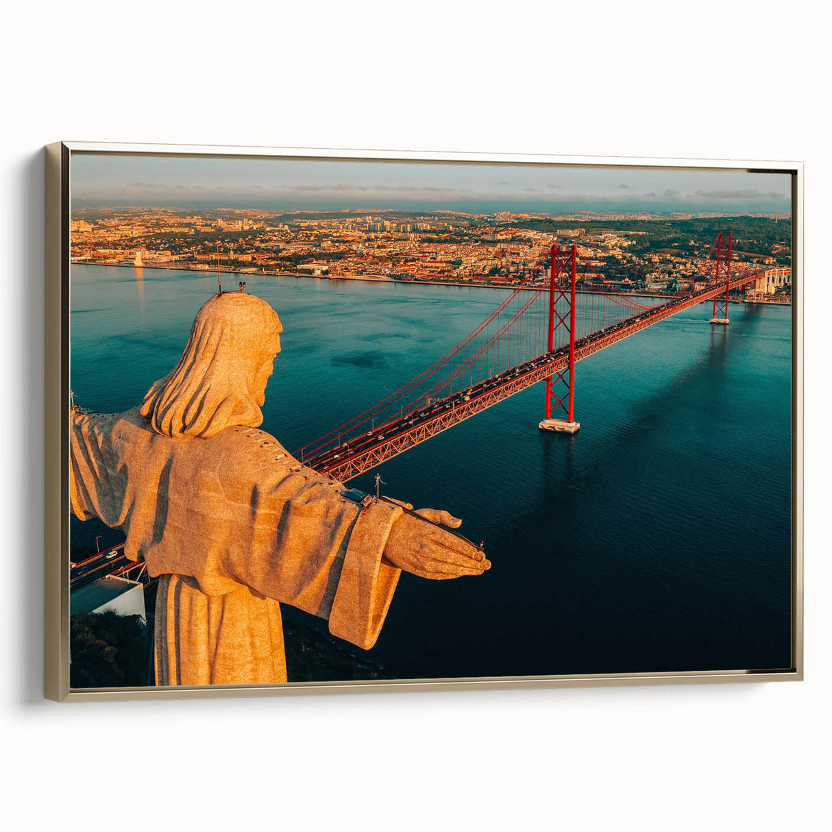 Framed canvas featuring a vintage-style Lisbon landscape in muted gold and black tones, ideal for bedroom wall art.