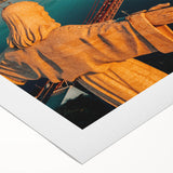 Art deco poster of Lisbon scenery in muted pastel shades on rolled canvas, suitable for dining room wall art.