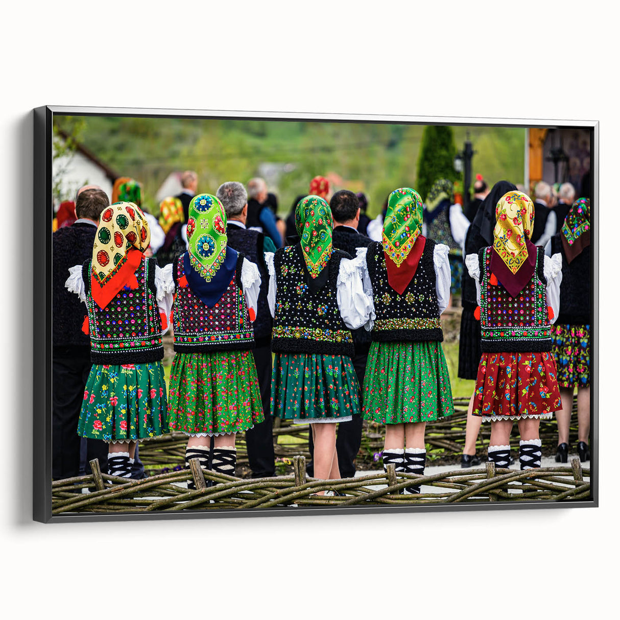 Black and white framed canvas depicting a vintage-style Romanian landscape, ideal for bedroom wall art.