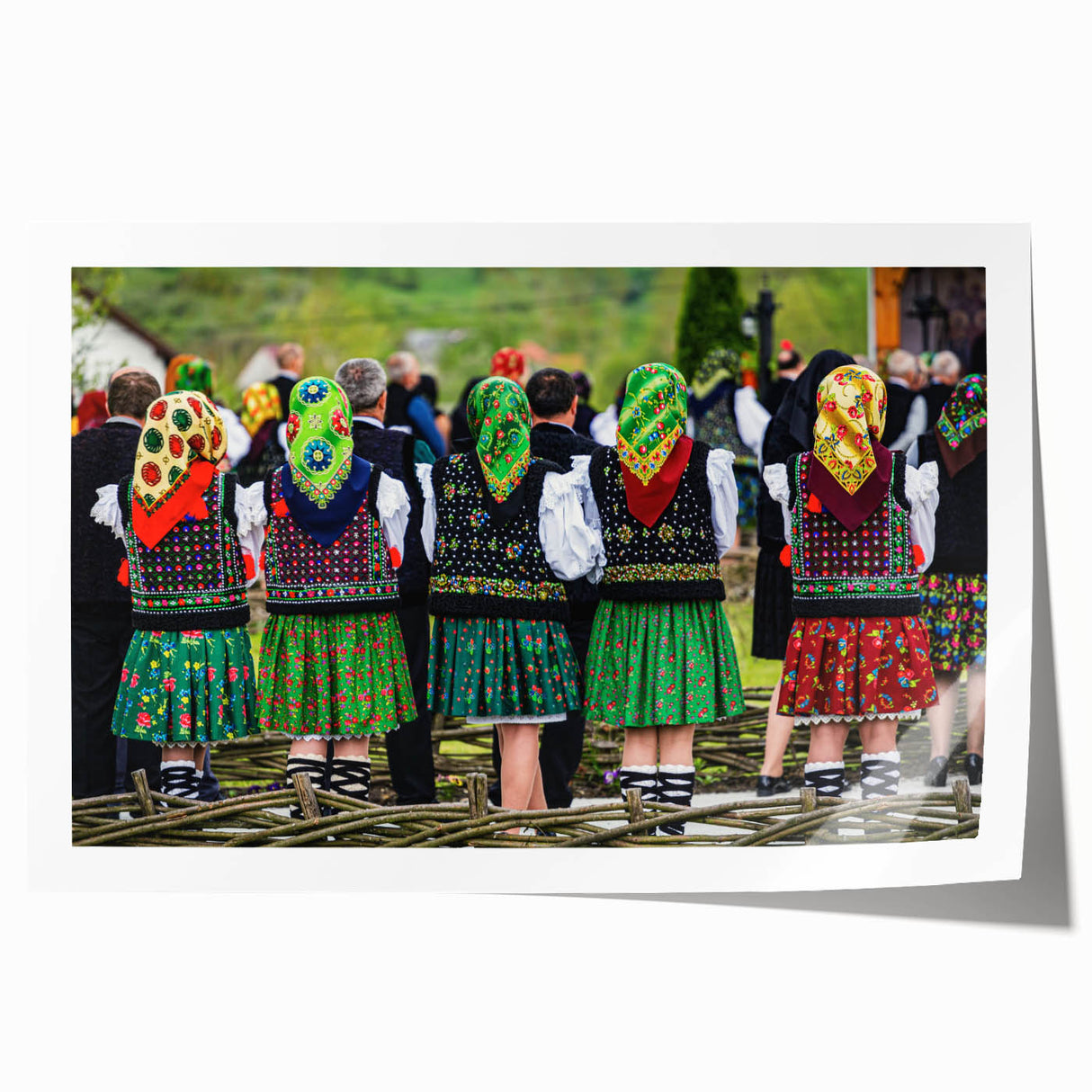 Extra large rolled print of a Romanian landscape with vibrant green fields and a blue sky, ideal for dining room wall art.