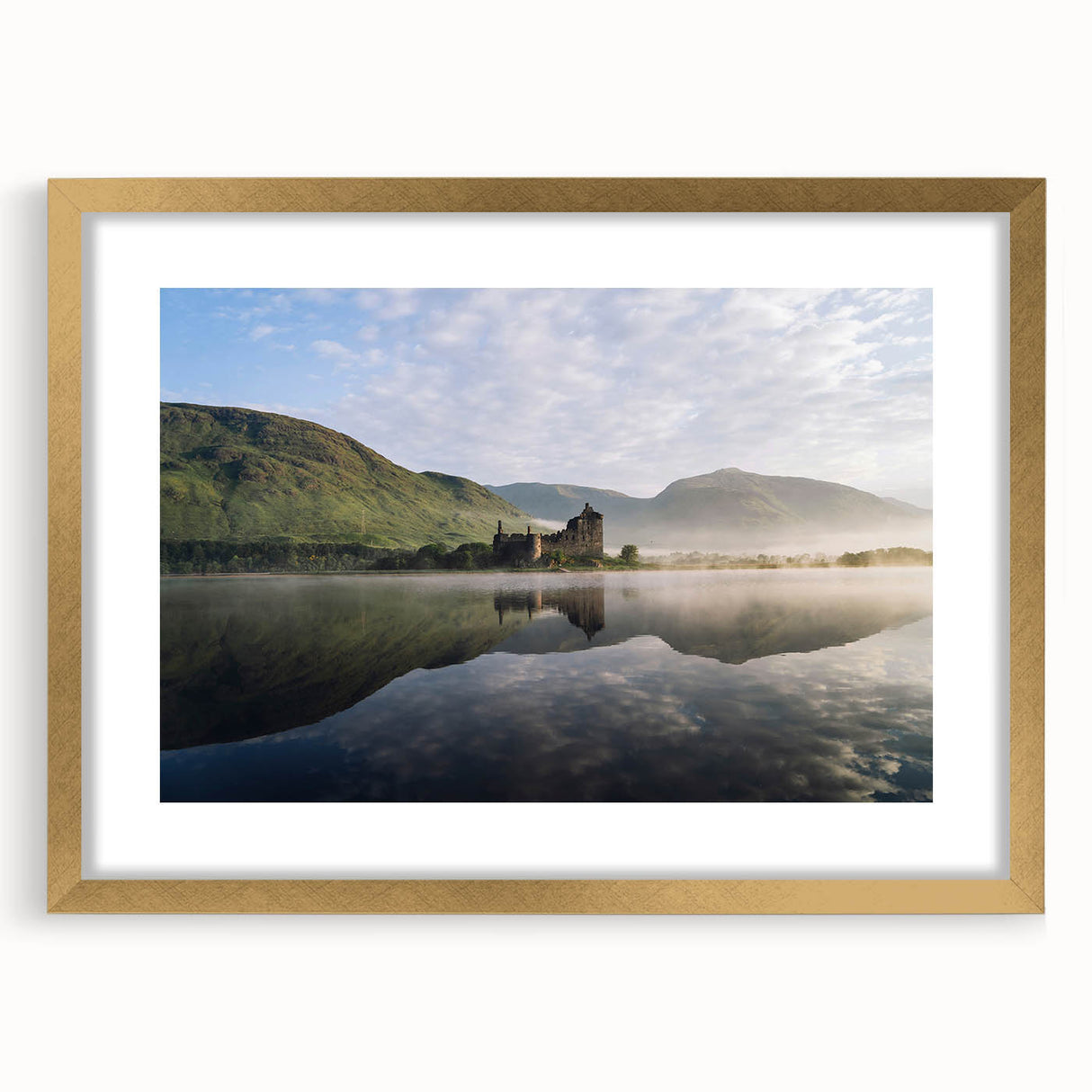 Extra large wall art featuring an abstract depiction of a Scottish landscape in muted earth tones, framed in gold.