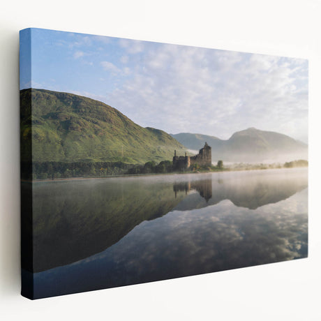 Scottish landscape scene on stretched canvas with muted green and blue tones, suitable for kitchen wall art.