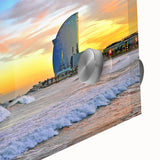 Large abstract depiction of Barcelona with vibrant hues on acrylic glass, ideal for dining room art.