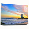 Acrylic print of a large abstract depiction of Barcelona with vibrant blue and orange tones, ideal for dining room decor.