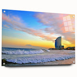 Acrylic print of a large abstract depiction of Barcelona with vibrant blue and orange tones, ideal for dining room decor.