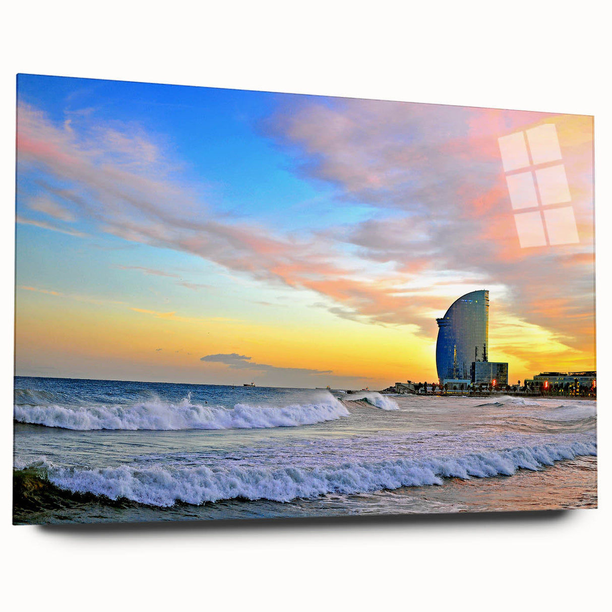 Large abstract wall art of Barcelona cityscape in muted blue and gray tones on acrylic glass.