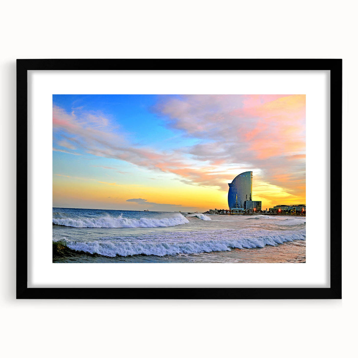 Extra large abstract art print of colorful, textured Barcelona scenery on a black framed canvas, ideal for living room decor.