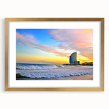 Abstract art print of Barcelona scenery in muted gold and blue tones on a framed canvas, ideal for dining room decor.