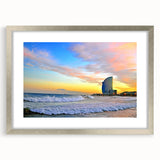 Extra large abstract art print of Barcelona scenery in muted earth tones on a framed canvas, suitable for living room decor.