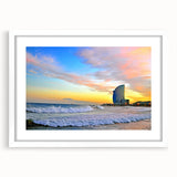 Textured abstract art print depicting a Barcelona cityscape in muted earth tones on a framed white mat.