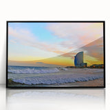 Large abstract wall art depicting Barcelona scenery in muted earth tones on a framed acrylic.