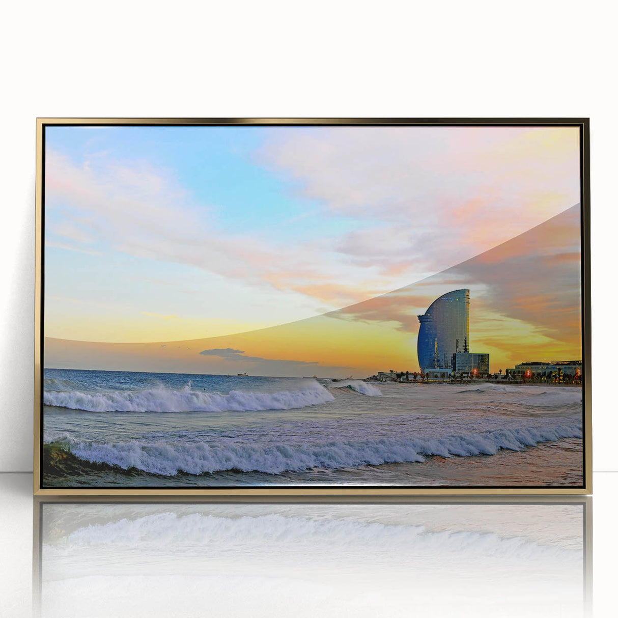 Art deco poster of Barcelona skyline in gold and black tones on framed acrylic, suitable for modern art wall decor.