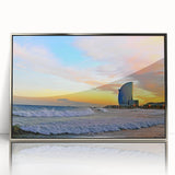 Large art print of Barcelona scenery in muted earth tones on a framed acrylic, ideal for modern art wall decor.