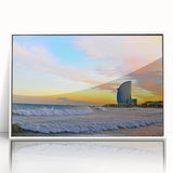 Mid-century modernist art of Barcelona skyline in muted earth tones on framed acrylic, ideal for nursery wall decor.