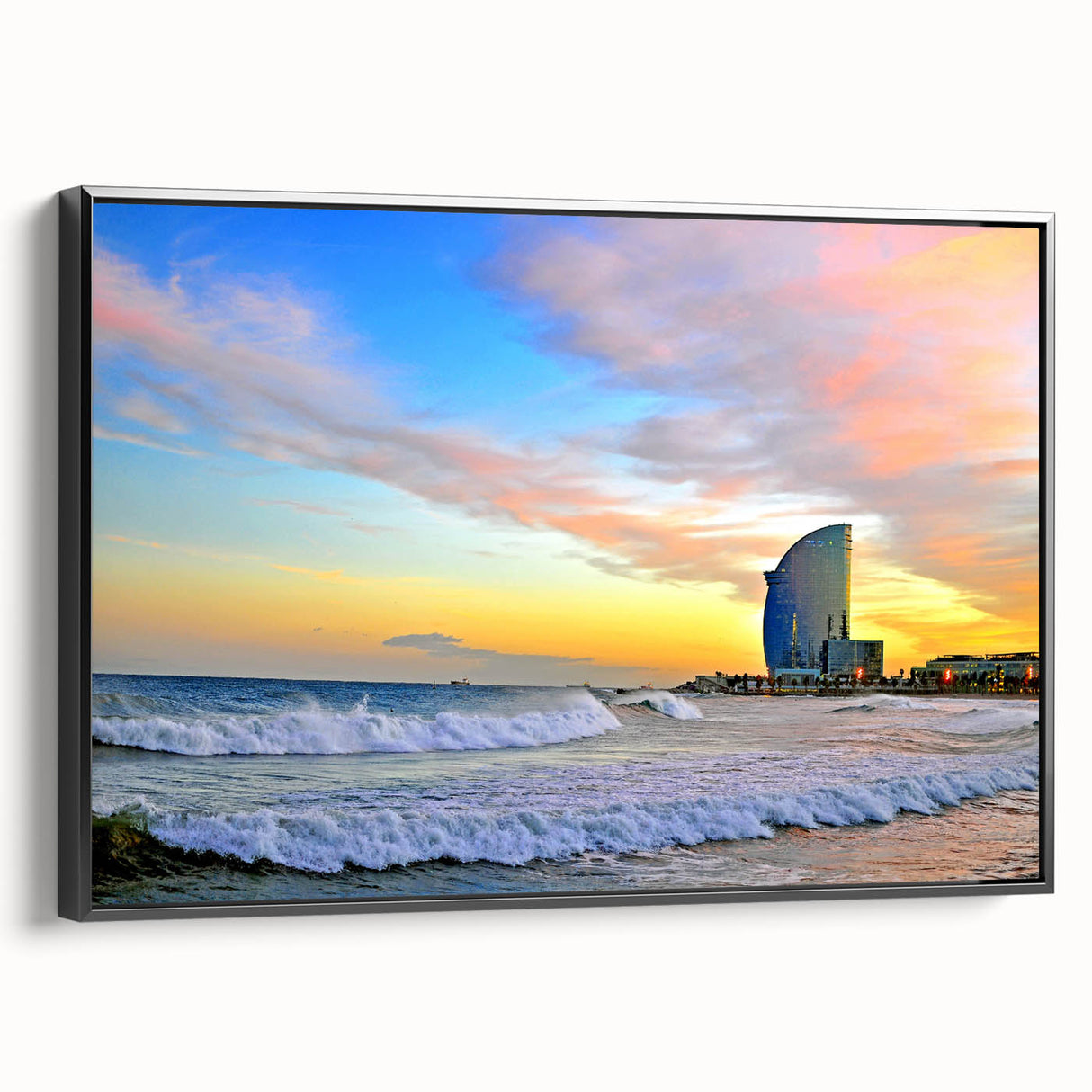Black and white framed canvas of a vintage Barcelona landscape, ideal for bedroom wall art.